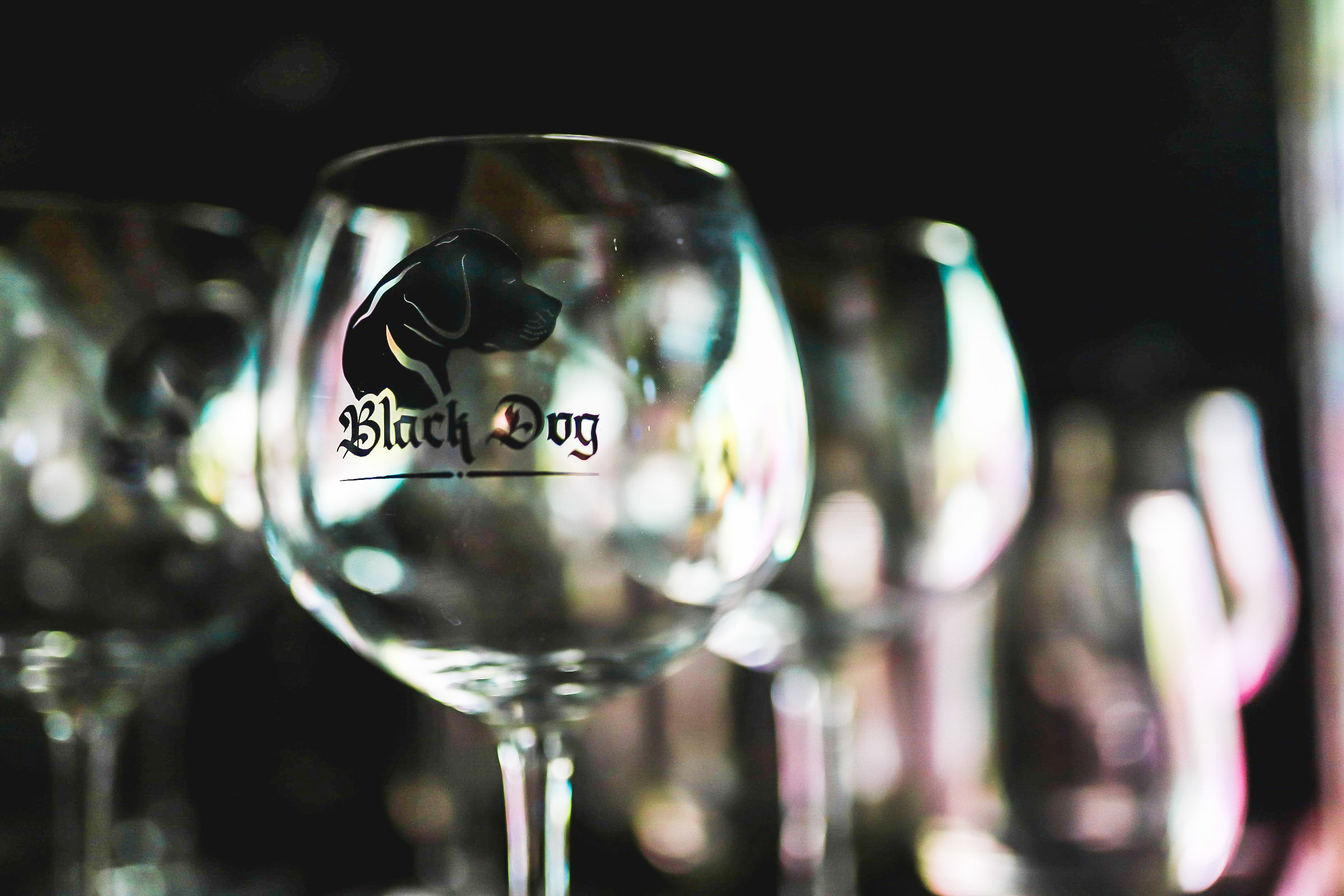 Taça de vidro com o logo do Black Dog gravado, ao fundo o balcão do pub